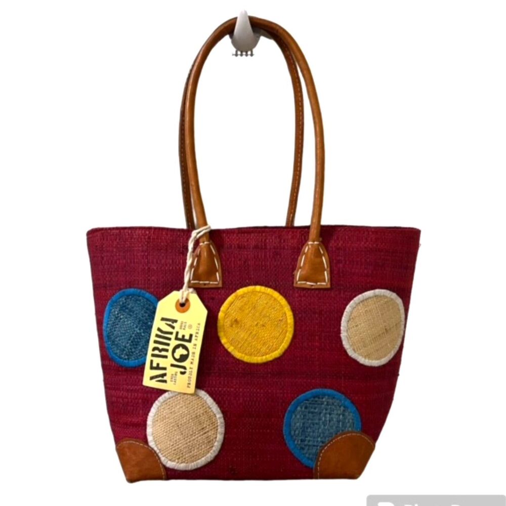 Afrika Joe Womens Red Woven Tote Shoulder Beach Bag Multicolor Circle Applique